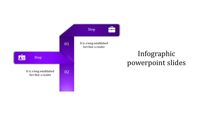 Purple infographic PowerPoint slide featuring two steps with icons, each accompanied by placeholder text.