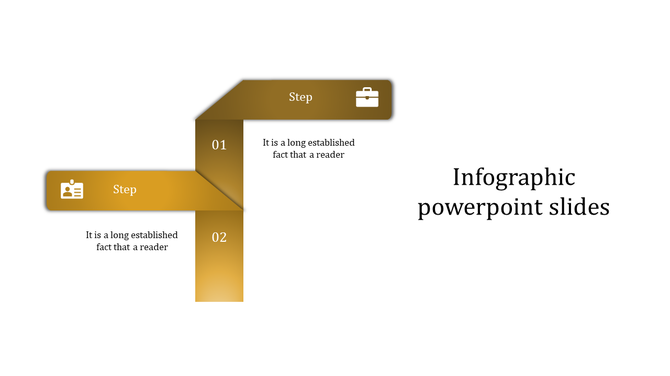 Yellow shaded infographic PowerPoint slide featuring two steps with icons, each accompanied by placeholder text.