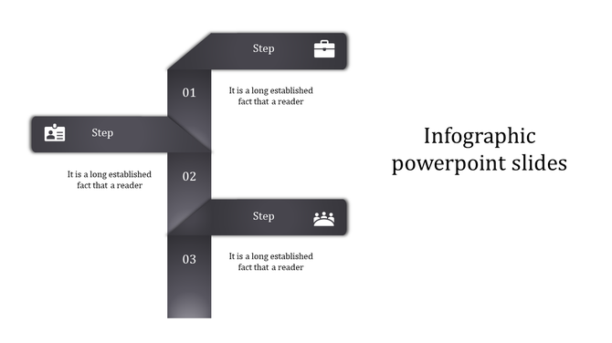 Three step infographic with gray gradient banners forming an F shape, featuring icons, numbers, and descriptions.