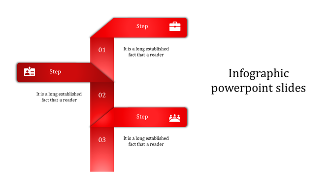 Red infographic PowerPoint slide featuring three steps, each with corresponding icons and descriptions.
