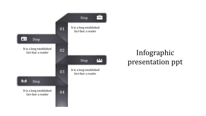 Infographic PowerPoint template with four gray steps, each with an icon and placeholder text.