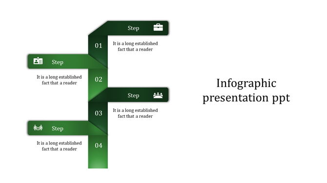 Infographic PowerPoint template with four green steps, each with an icon and placeholder text.