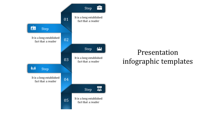 Infographic PowerPoint template with five blue steps, each featuring different icons and corresponding text.