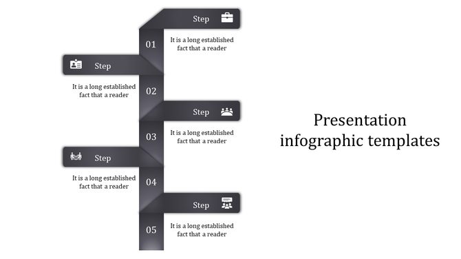 Business workflow template displaying a five-step process with alternating left and right-aligned dark gray banners.