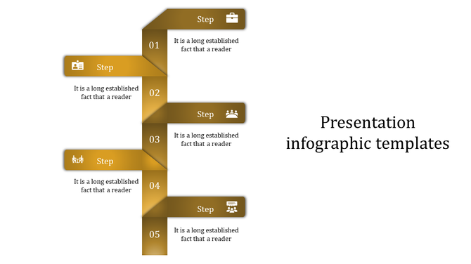 Business infographic template with five steps, each step represented by a unique icon and description.