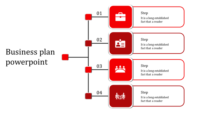 Slide design with a vertical layout of four red labeled boxes, each with icons and placeholder text for steps.