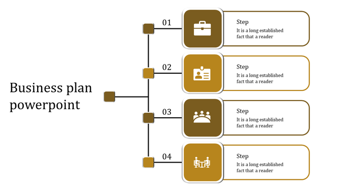Business plan PowerPoint slide with four steps, each represented by icons for a briefcase, ID card, group, and meeting.