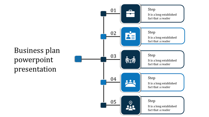 Minimalist business plan timeline, with five steps, each highlighted with blue and black icons and text descriptions.