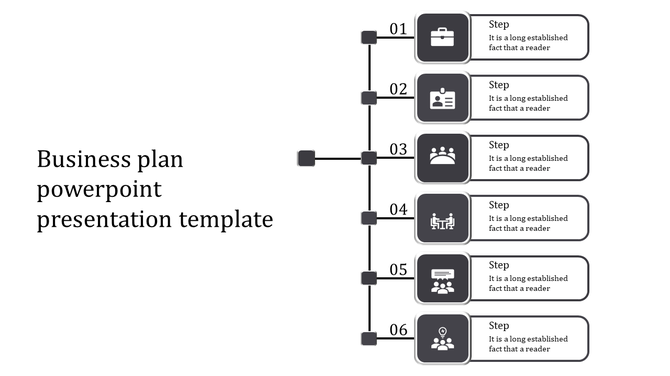 Slide featuring six sequential steps with gray icons and text blocks aligned on the right side of a vertical line.