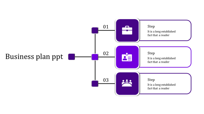 Three-step business plan infographic with purple square icons connected by thin lines, each step containing a icon.