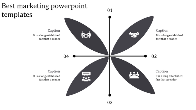 Four-petal business diagram in dark gray, featuring icons for handshake, team discussion, group meeting, and communication.