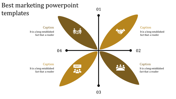 Best marketing PowerPoint slide featuring a yellow shaded flower like design with four segments and icons with captions.