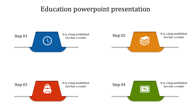 Education PowerPoint presentation with four colored steps, including icons with placeholder text.