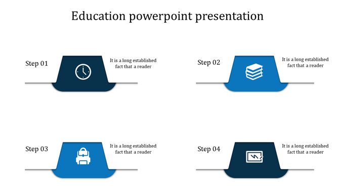Educational template with four distinct sections in blue, each featuring caption areas and pencil icons for easy editing.