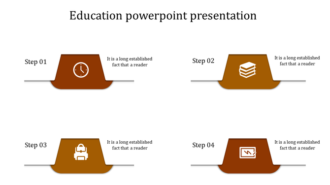 Education PowerPoint slide with four colored steps, including icons with placeholder text.