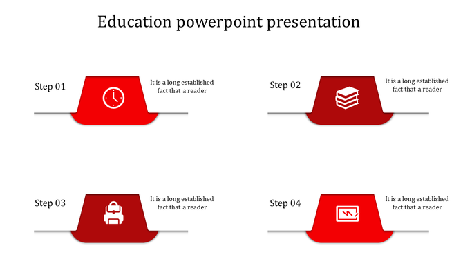 Red themed education PowerPoint slide with four colored steps, including icons with placeholder text.