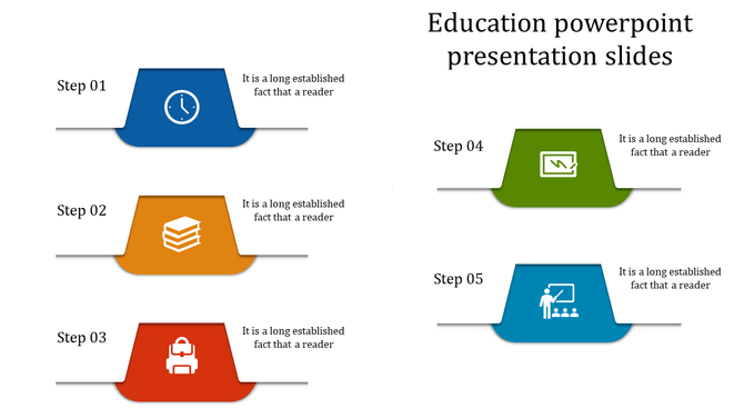 Education slide with six colorful steps in blue, orange, red, green, and teal, featuring icons and text.