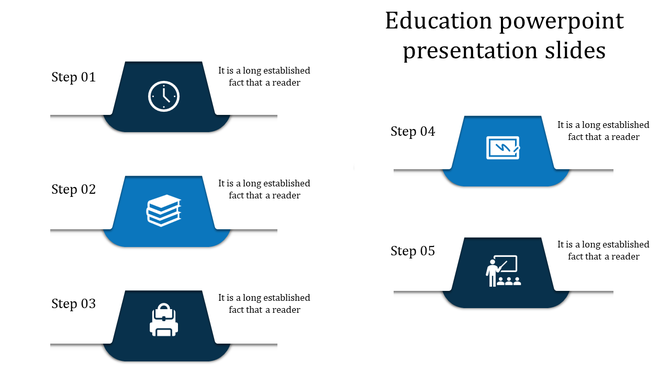 Education PPT slide has a blue color scheme and a design that resembles a timeline with five steps with icons and text.