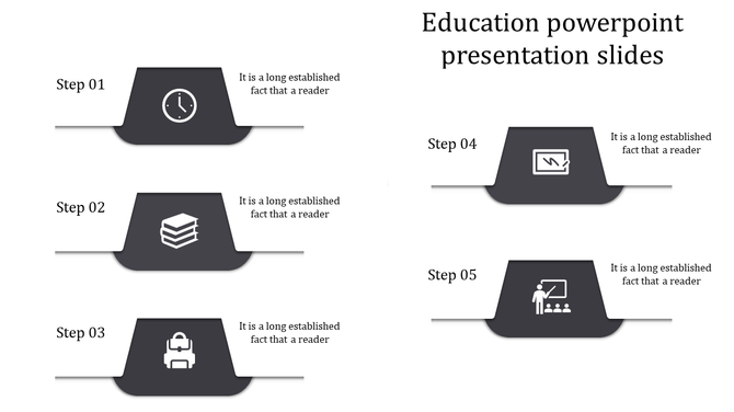 Education PPT slide with a gray color scheme and a design that resembles a timeline with five steps with icons and text.