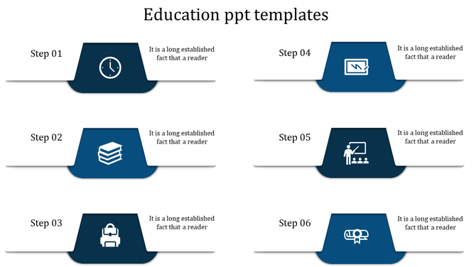 Six-part education concept diagram with blue icons and step labels illustrating different phases of academic progression.