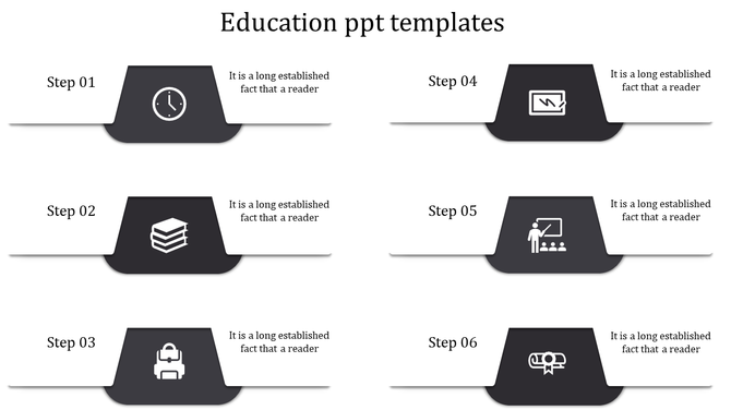Education template with six gray steps, each featuring an icon and a brief description, arranged in two columns.