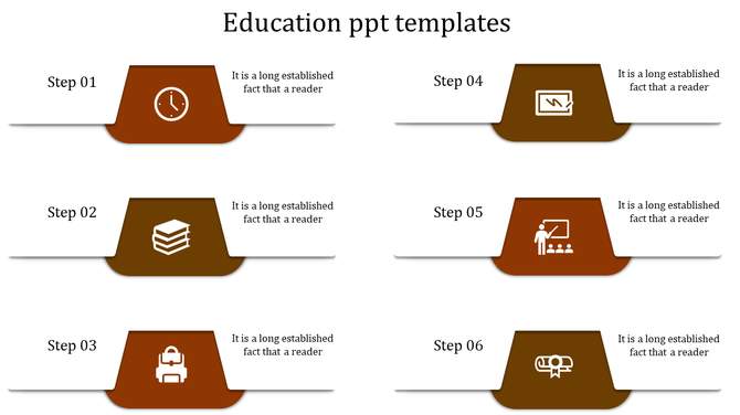 Education PowerPoint template with six brown colored steps, including icons with placeholder text.