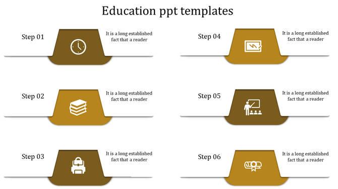 Education template in yellow shades with icons for clock, books, backpack, digital learning, teaching, and certification.