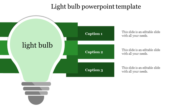 Light bulb PPT template featuring a green light bulb in the center and three sections with captions and placeholder text.