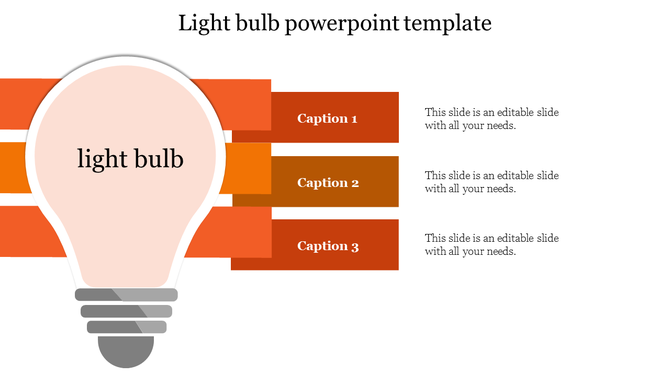 Slide featuring a large orange light bulb icon with three labeled sections for captions on the right side.