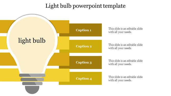 Creative light bulb diagram with layered yellow bars representing four captions, aligned to the right with caption areas.