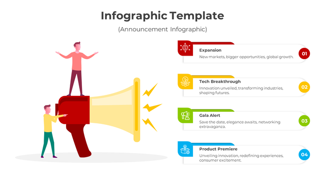 Announcement infographic with megaphone and captions areas for expansion, tech, gala, and product.