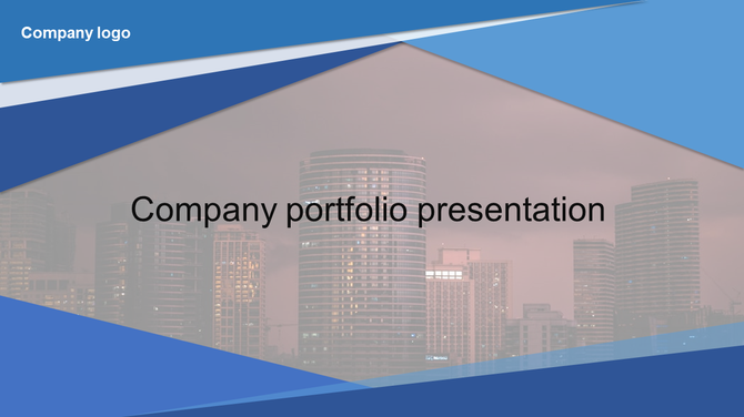 Business portfolio template with urban skyline and overlapping blue geometric design elements.
