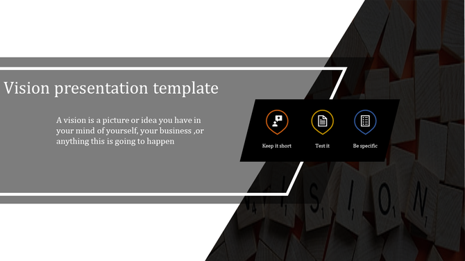 Vision slide with grey background, diagonal white lines, and three colorful icons on black panel.