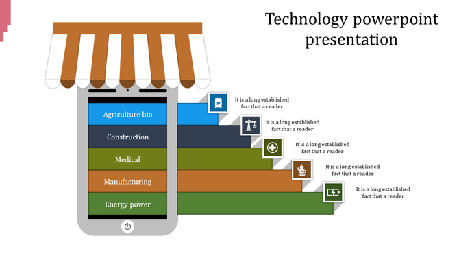 Infographic with a brown striped canopy over a phone and five colorful stacked blocks with icons aligned on the right.