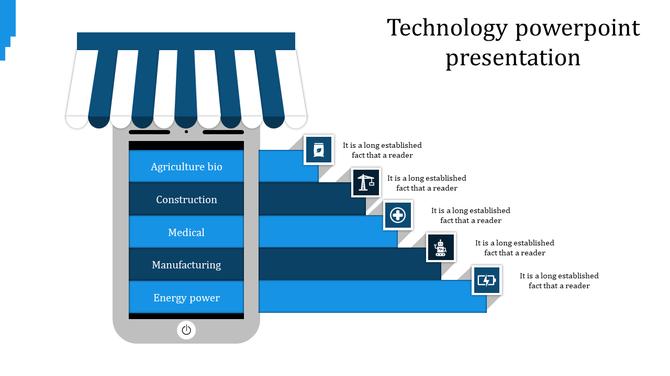 Slide features a phone with blue striped canopy and five layered sections with icons representing various sectors.
