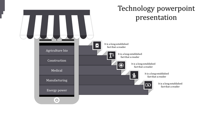 A grey technology themed PPT slide featuring a mobile phone with categories each with corresponding icons and text area.