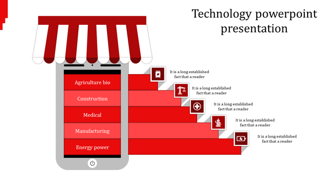 A red technology themed PPT slide featuring a mobile phone with categories each with corresponding icons and text area.