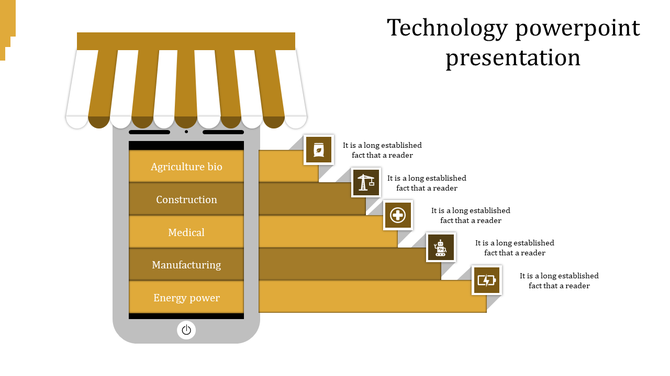 Yellow technology infographic with mobile display and sector-specific steps placed with caption areas  on a white backdrop.