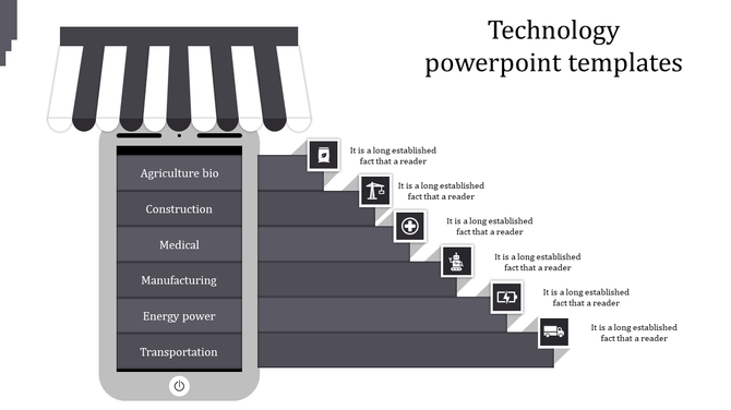 Infographic featuring a phone with gray and white canopy, and six stacked levels with icons and industry labels on the right.
