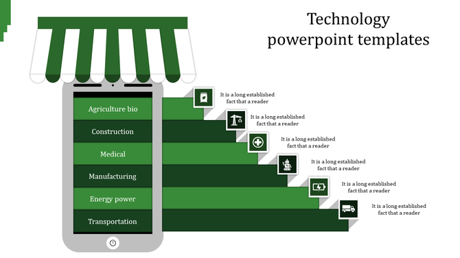 A green themed technology slide featuring a phone with various sectors along with icons representing different industries.