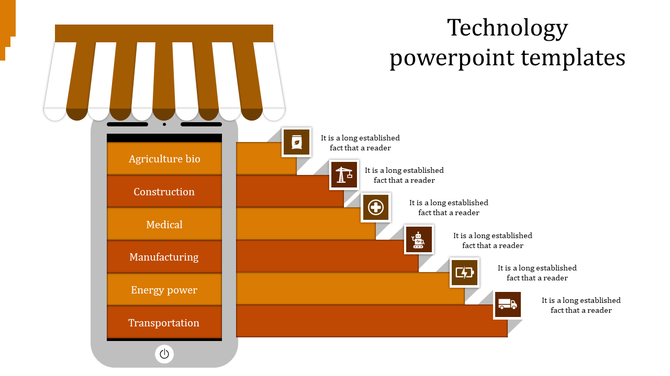 Orange themed technology slide with mobile layout and six industry categories each placed with caption areas.