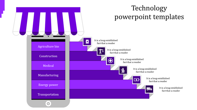 Purple technology slide with a phone under a striped canopy and stair like sections labeled for six industries.