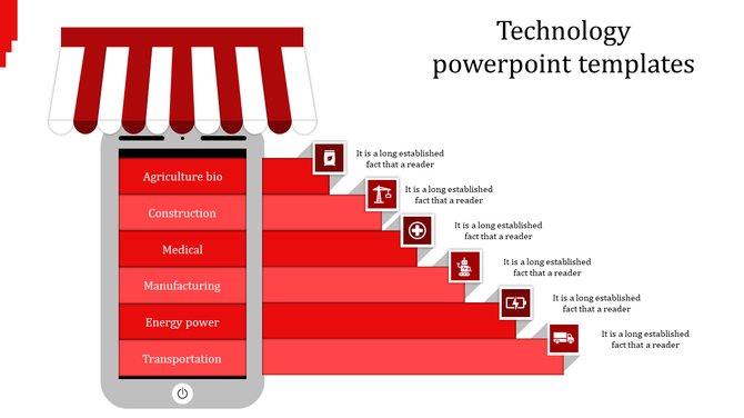 A red themed PPT technology slide featuring a phone with various sectors along with icons representing different industries.