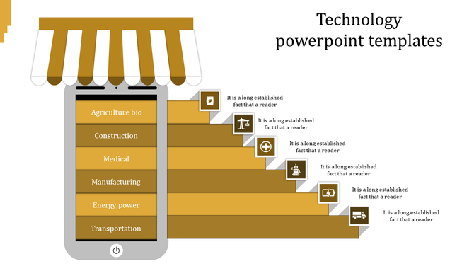 Technology slide with gold mobile display and industry icons on steps each placed with placeholder text areas.
