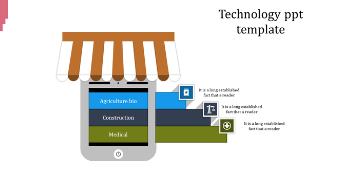 Slide with a phone illustration under a brown and white canopy, featuring three labeled sections in blue, gray, and green.