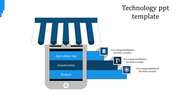 Blue technology infographic showing a mobile interface with industry categories linked to blue step bars with icons.