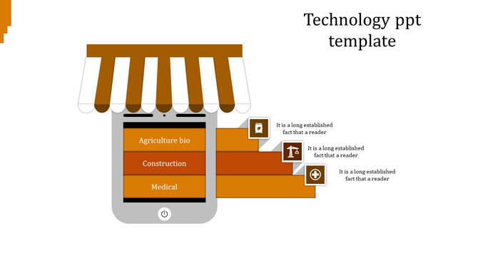 Orange technology infographic showing a mobile interface with industry categories linked to orange step bars with icons.
