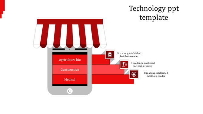 A PPT slide with a technology red theme featuring categories like agriculture, construction, and medical with icons.