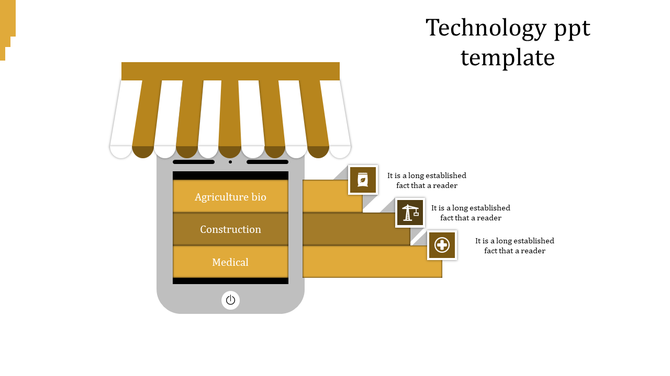 Gold technology infographic showing a mobile interface with industry categories linked to gold step bars with icons.