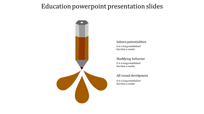 An education PowerPoint slide featuring grey and orange pencil releasing droplets, with three text sections.